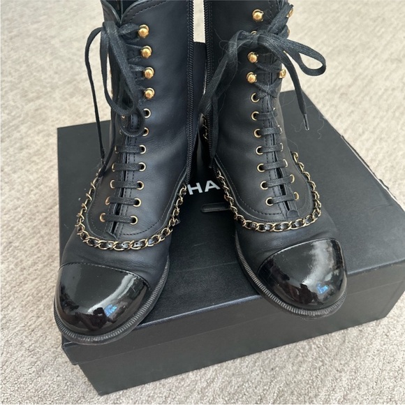 CHANEL Black and Gold Lace Up Boots with Gold Hardware - Picture 3 of 10